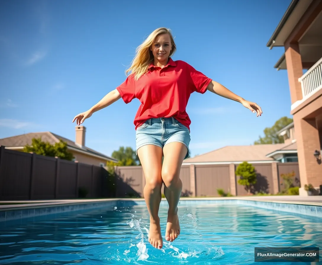 Front view of a young blonde skinny woman with a good tan, in her early twenties, standing in her massive backyard. She is wearing a massively oversized red polo t-shirt that sits slightly off balance on one shoulder, with the bottom part of her t-shirt untucked. She has on medium-sized light blue denim shorts and is barefoot, with no shoes or socks. She jumps into the pool with her arms straight down at her sides, creating a big splash as her legs go underwater.