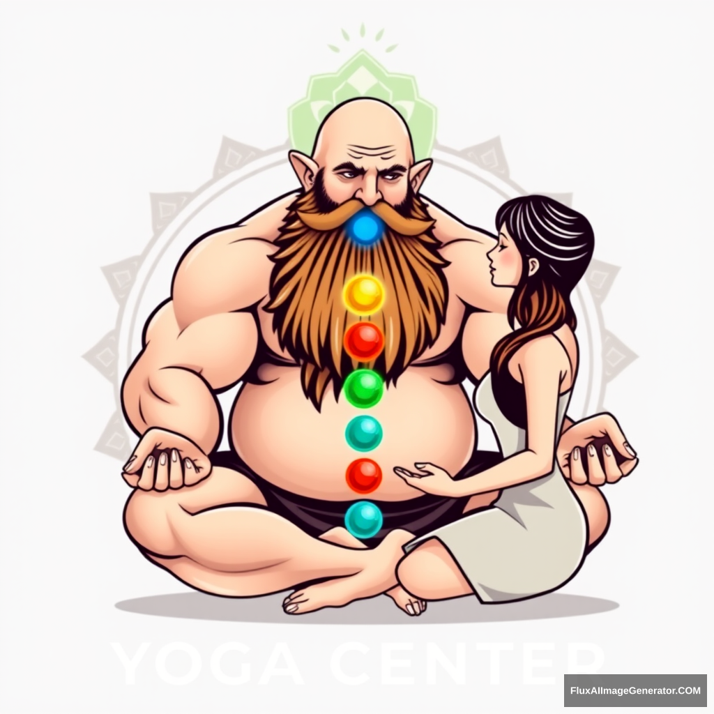 Yoga Center logo: a muscular, large bald dwarf with a beard in the lotus position exchanges energies from the chakras with a woman.