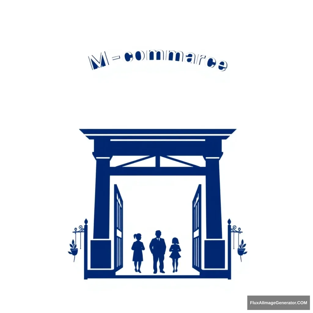 The family name is [M-commerce]. It is written above the gateway leading into the family. A simple and symbolic icon. Expressed in navy blue / The background is white. - Image