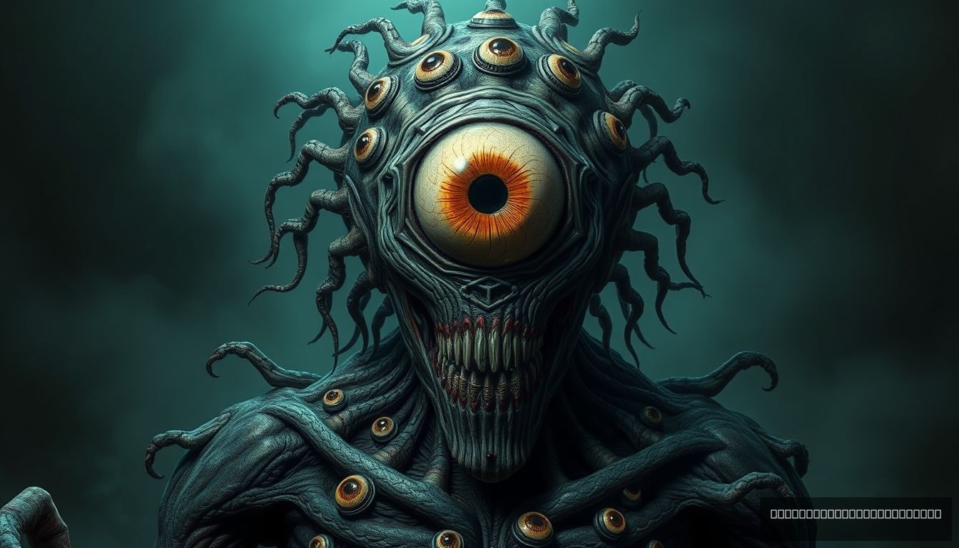 A horror monster, a human with a massive one-eyed face while his body is covered with eyes, full body.