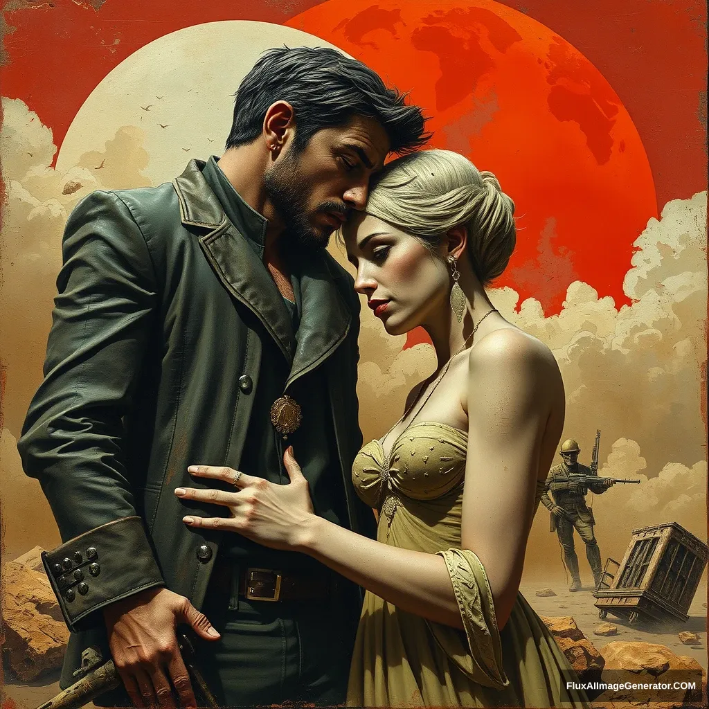 man and woman and love and hate [style of Frank Frazetta| style of Andre Kohn ] Impasto, 3d by Victor Passmore, [ by Rob Gonsalves | style by Dan McPharlin | style by Igor Morski | style by Andrzej Grenda ] post-apocalyptic - Image