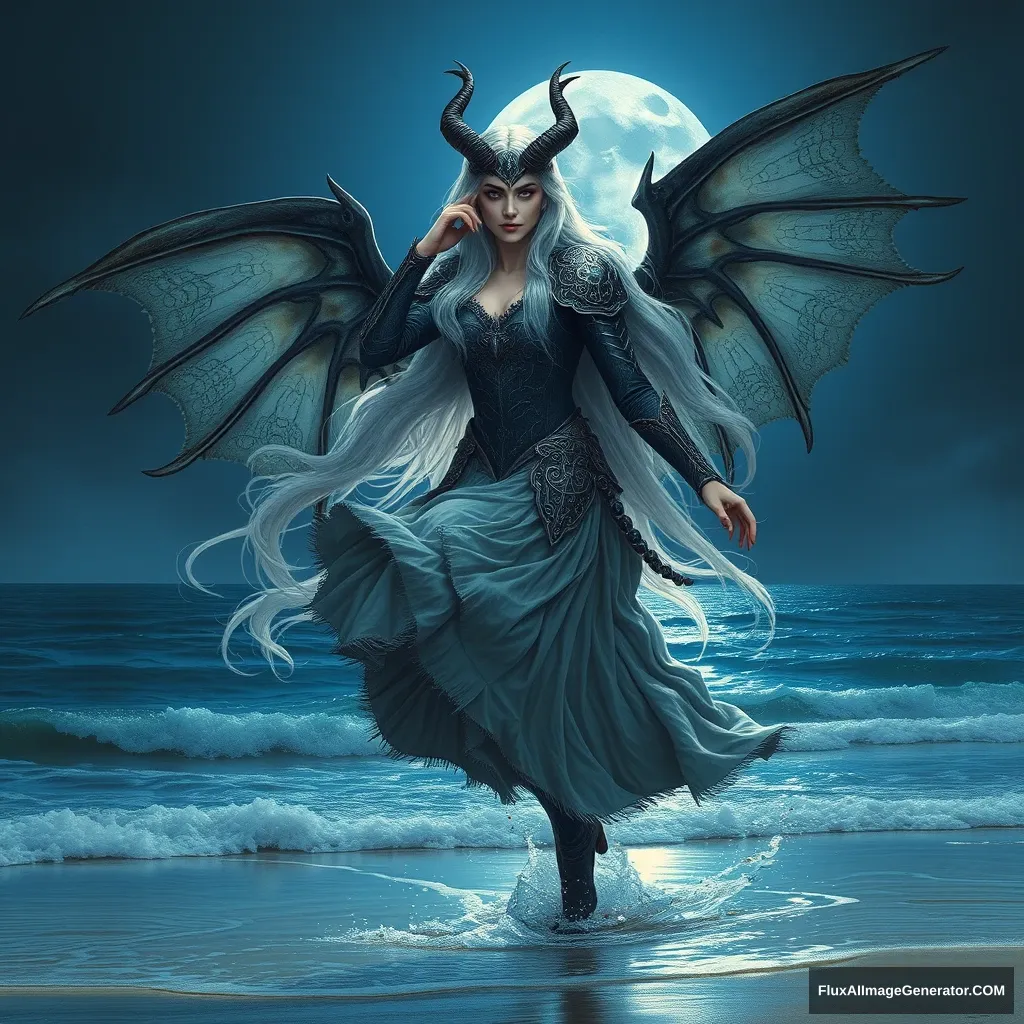 Rising on tiptoe, demon wing opening to fly, full body portrait, under blue moon moonlight, silver long-haired maiden, a hand gently caressing her own face, demon's fangs and horns, adorned with intricate patterns on the black iron armor, in the shallow seawater on the beach, lightly leaping, rising on tiptoe, stern and alluring, stretching, magnificent torn long skirt with sapphires, ruby eyes.