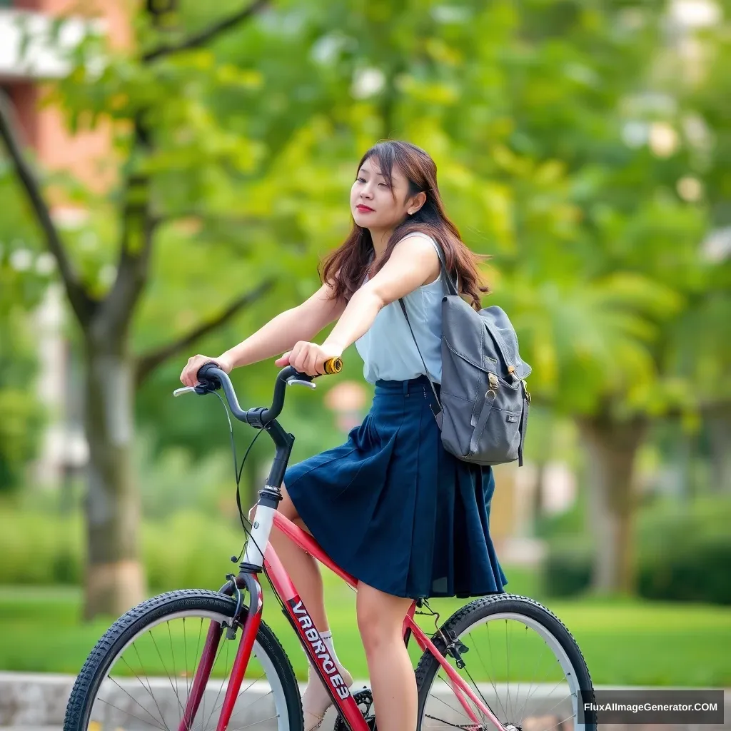 A female student is riding a bicycle while wearing a skirt. - Image