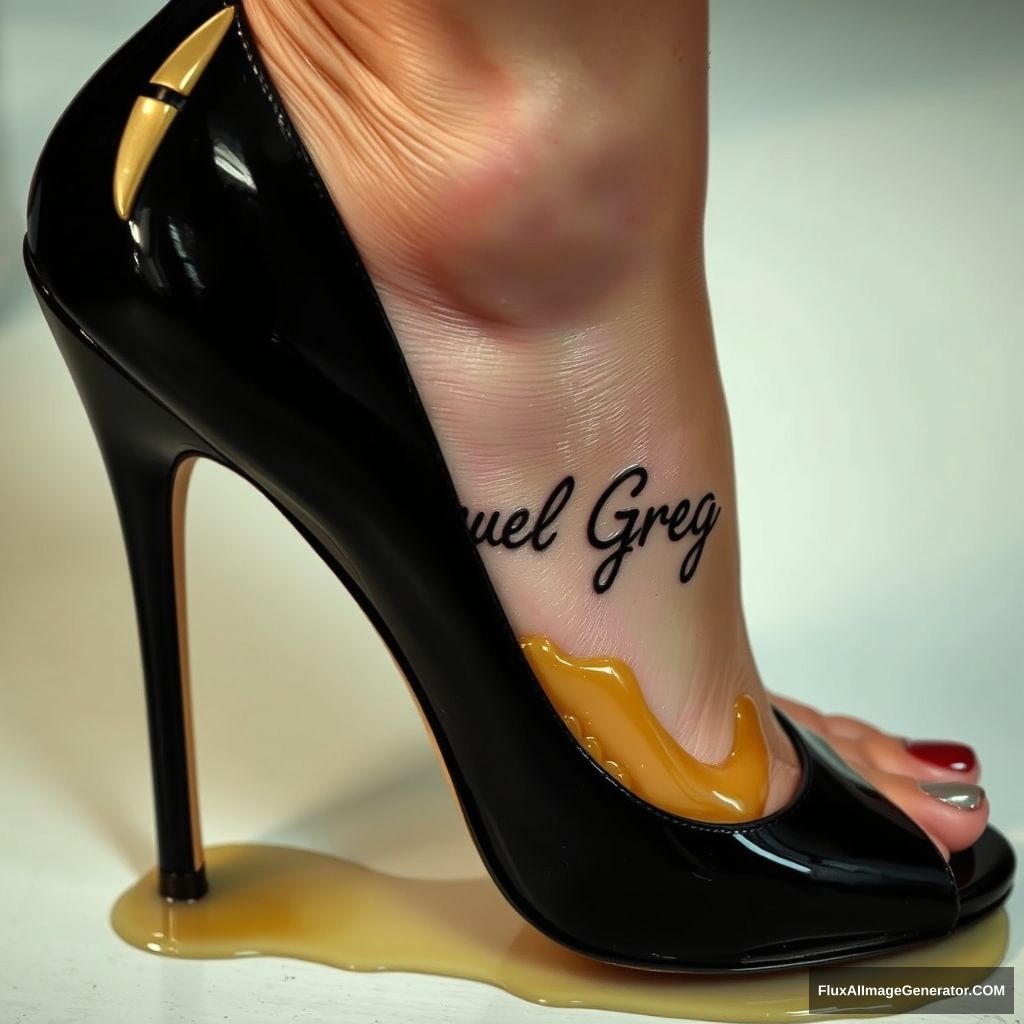 The name "Samuel Greg" on a woman's foot in a black high heel. There is oil all over the foot.