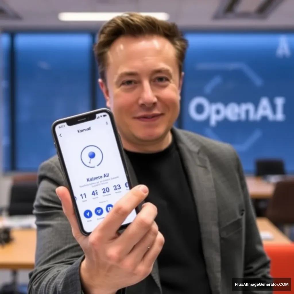 Elon Musk holds a phone and the phone screen shows the KainoAI app, the background is at the OpenAI office. - Image