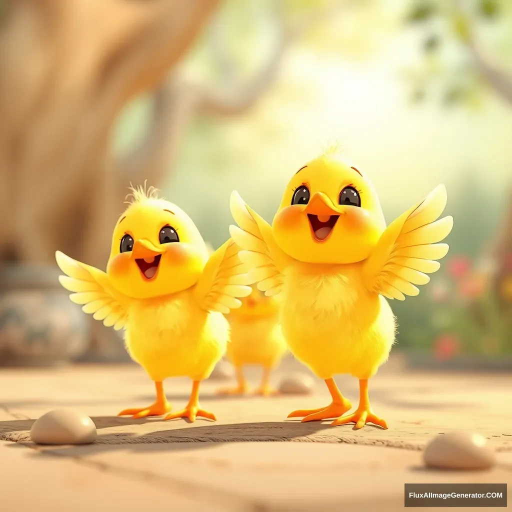 The little chicks in the cute 3D cartoon are flapping their wings with joy. - Image