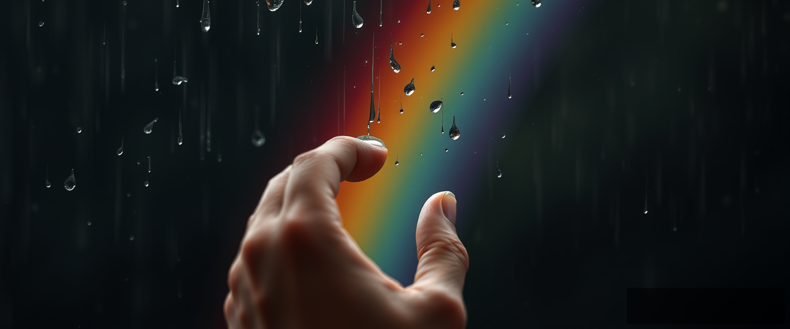 hand touching raindrop, rain, rainbow - Image