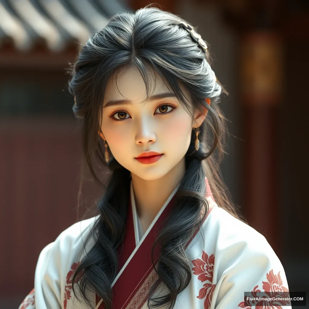 A gorgeous and elegant girl (like Tang Wei) is wearing Korean traditional clothing, with tousled hair and a hairpiece, in a hyper-realistic photo created with Unreal Engine. - Image