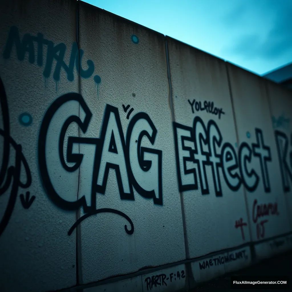 Graffiti on the Berlin Wall with the text "GAG Effect Kaartje". Low angle, low depth of field, high quality, photorealistic, neon lighting.