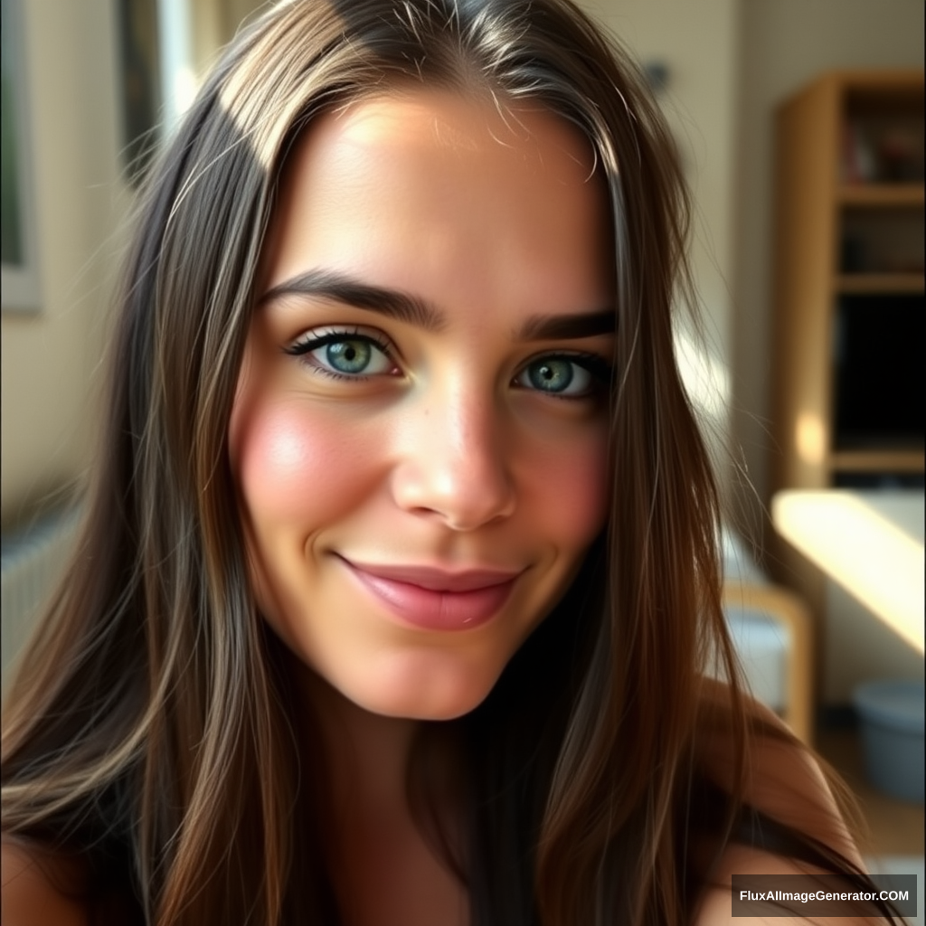 Instagram selfie, a 28-year-old gorgeous woman, slight smile, detailed skin face and eyes, natural lighting, at home, long hair, film grain, low contrast, natural face, freckles, black hair, blue eyes, dark circles under eyes.