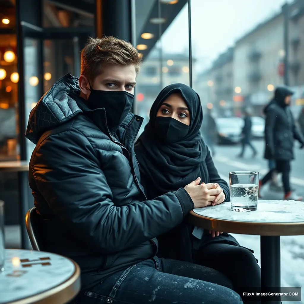 Jamie Dornan, handsome, young, wearing a black face mask, snow jacket, jeans, dating a beautiful, romantic, big black hijab-wearing Muslim girl with beautiful eyes, also in a black face mask, black leather jacket, set in a winter scenery, sitting at a café near a glass window in a town, gloomy, photorealistic, street photography. - Image