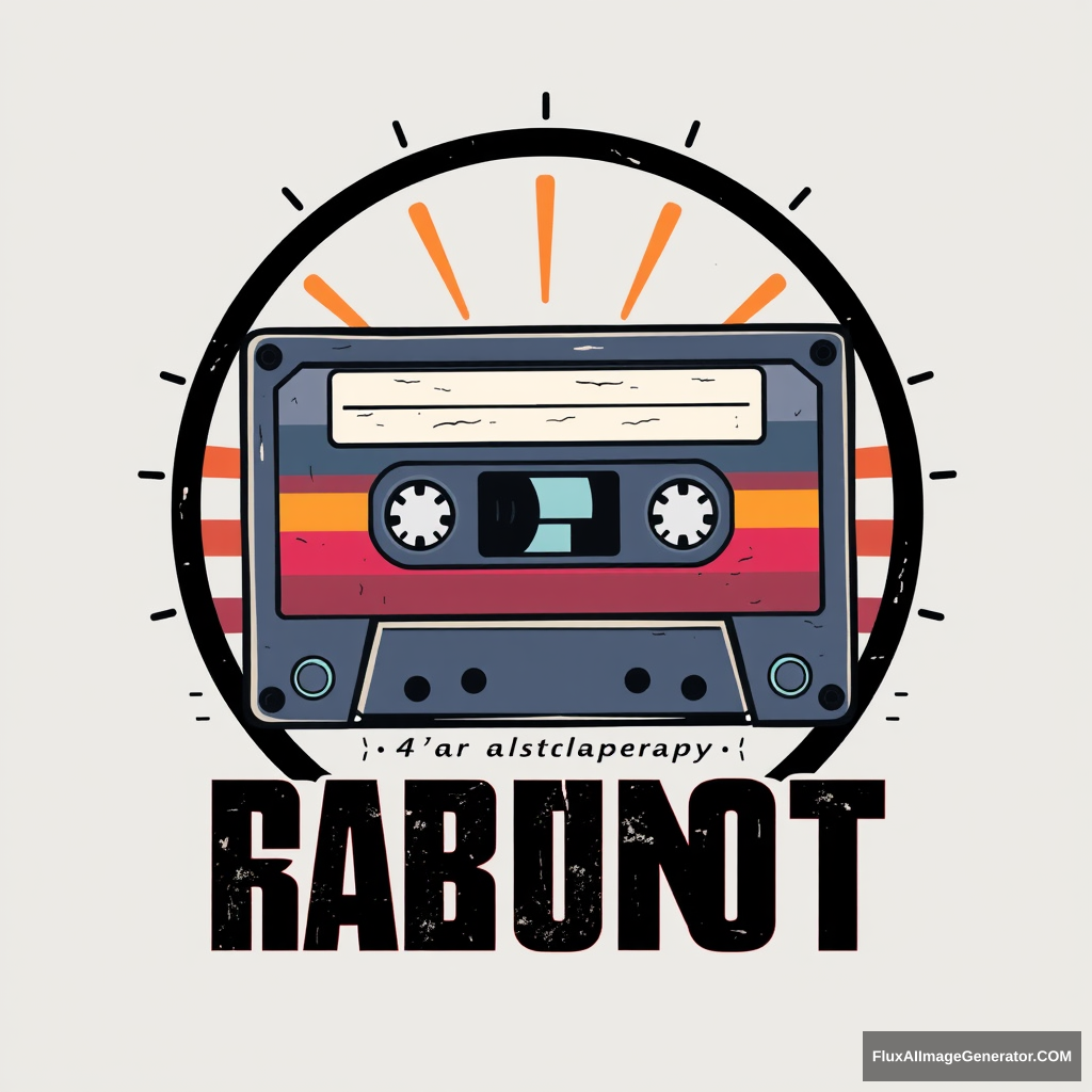 Create a retro-inspired graphic T-shirt design with a colorful cassette tape and bold typography. Use a vintage color palette and distressed textures. --ar 4:3 --q 1