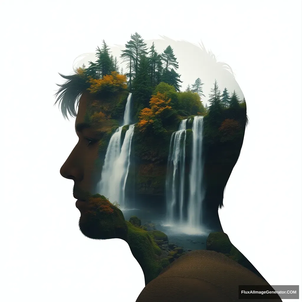 "[Abstract style waterfalls, wildlife] inside the silhouette of a [man]’s head that is a double exposure photograph. Non-representational, colors and shapes, expression of feelings, imaginative, highly detailed." - Image