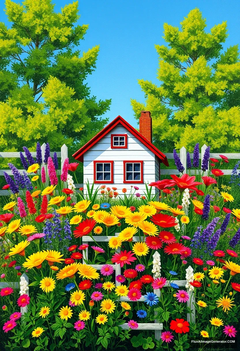 The image depicts a small house surrounded by colorful flowers and plants. The components, colors, composition, situation, and details of the objects are described below:

Components:

The small house in the center has white walls and a red roof, with two brown chimneys.
Around the house is a dense growth of different types of flowers and plants.
The flowers come in a variety of colors and shapes, and are mixed with the plants to create a lush garden.
In the background, green trees surround the house.
Colors:

The house is clearly defined by its white walls and red roof, accented by a brown chimney.
The flowers and plants are colorful with a variety of colors including yellow, red, pink, blue, and purple.
The trees are painted in blues and greens, and the sky is a clear blue.
The colors are bright and cheerful throughout.
Composition:

The flowers and plants are arranged radially around the house, with each element balancing the others.
The house sits at the top of the center, providing a sense of stability, and the surrounding flowers and plants naturally draw the eye to it.
Flowers of different colors and shapes are arranged in harmony to create visual interest.
Context:

This illustration depicts a small house in nature, with a garden of various flowers in the background.
The house exudes a serene and peaceful atmosphere, while the lush garden emphasizes the vibrant beauty of nature.
It depicts an ideal place to feel the harmony and tranquility of nature.
Objects:

The main objects are a house with white walls and a red roof, flowers and plants of various colors and shapes, and green trees.
Each flower and plant is delicately drawn, emphasizing the richness and colorfulness of the garden.
Analyze painterly techniques and drawing styles:

The painterly technique uses strong, vivid colors to create visual impact, and the contrast of colors clearly distinguishes each element.
The drawing style is simple yet detailed, conveying a fairytale, animated feel.
The use of flat color surfaces and clear lines gives the piece a clean, modern feel, while the bright, cheerful colors make the overall mood warm and peaceful. david hockney's style, oil paint.