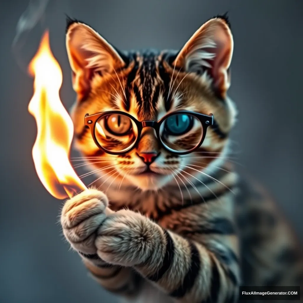 A mischievous tabby cat, wearing tiny spectacles, playing with fire. Style: Hyper-realistic embroidery art, blending traditional craftsmanship with modern technology. - Image