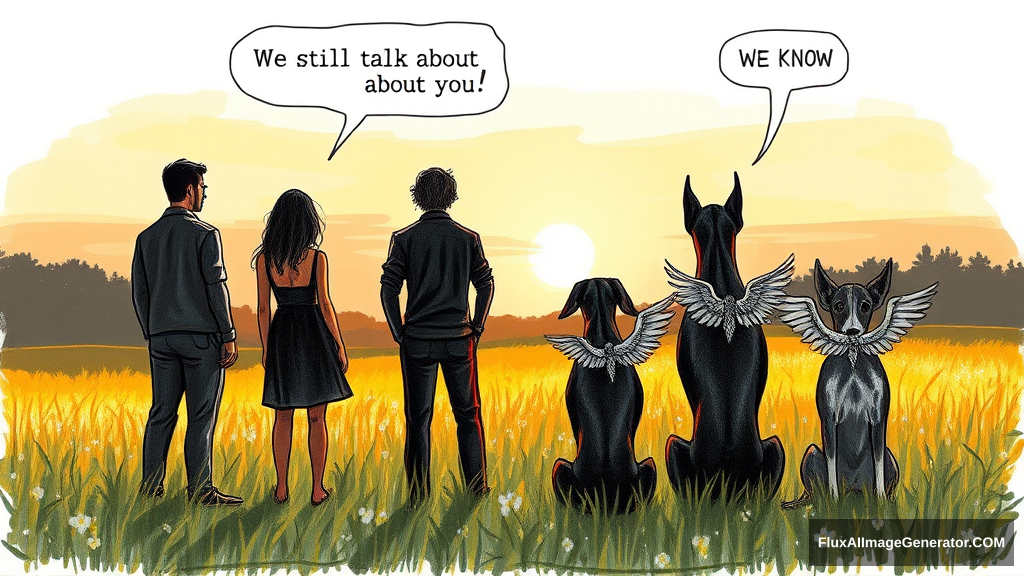 Messy, pencil sketch colour illustration: 4 silhouetted figures—2 male, 2 female—stand in a lush meadow at golden hour. 3 ethereal, winged dobermans sit beside them. Facing away from the viewer. Speech bubbles float above: "We still talk about you" (human), "We know" (dog). Nostalgic atmosphere, convey wistful longing. - Image