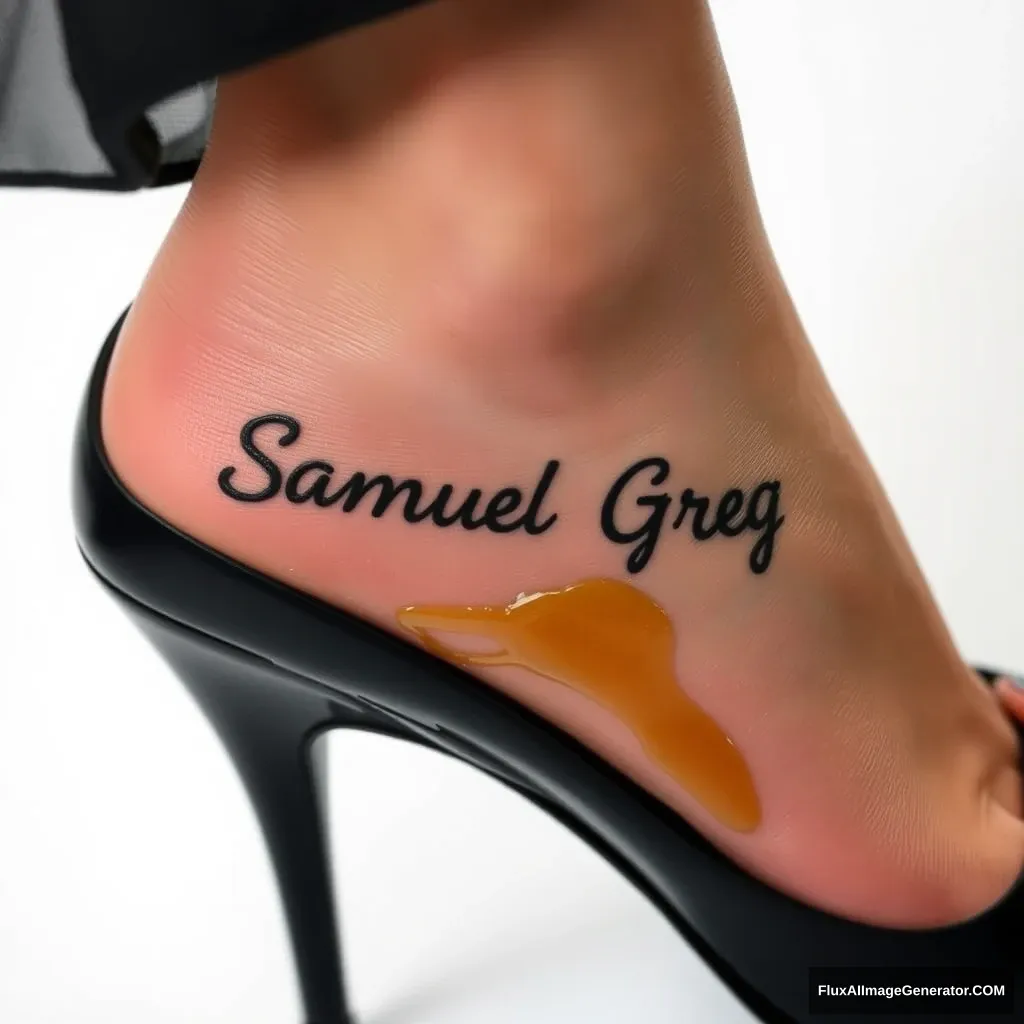 The name "Samuel Greg" on a woman's foot in a black high heel. There is oil all over the foot.