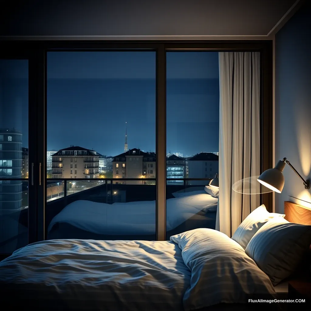 Big glass window, modern bedroom apartment in France, a study lamp providing light, midnight scenery, 2:15 AM on a small clock at a small desk behind the bed, hyper-realistic, photorealistic.