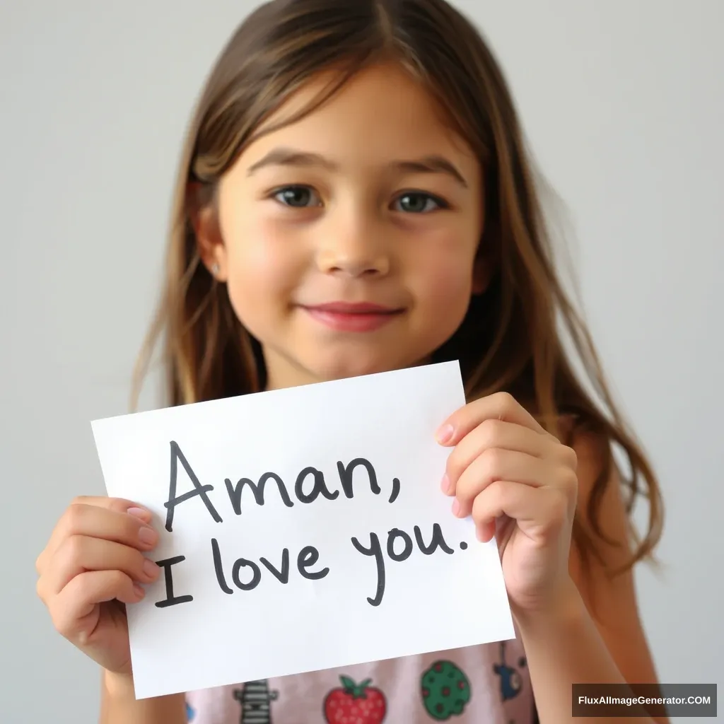 A girl holding a paper that says "Aman, I love you" on it.