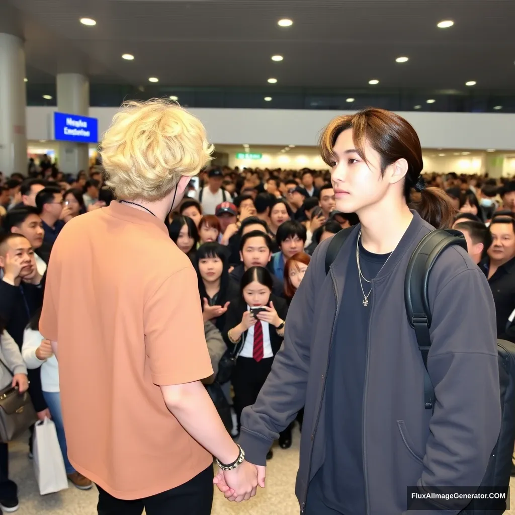 A man with curled, blonde ear-length hair and a man with low pony-tailed ebony hair are holding each other's hands in front of a huge crowd of fans at the airport. Both are styled like K-pop idols, with the blonde man being taller than the other man.