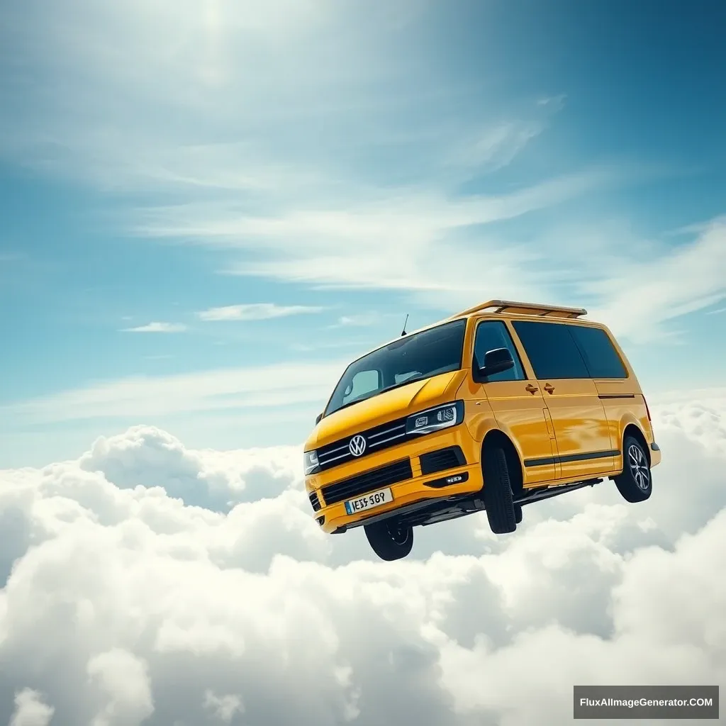 'VW T5 Multivan, yellow, flies through the clouds.'