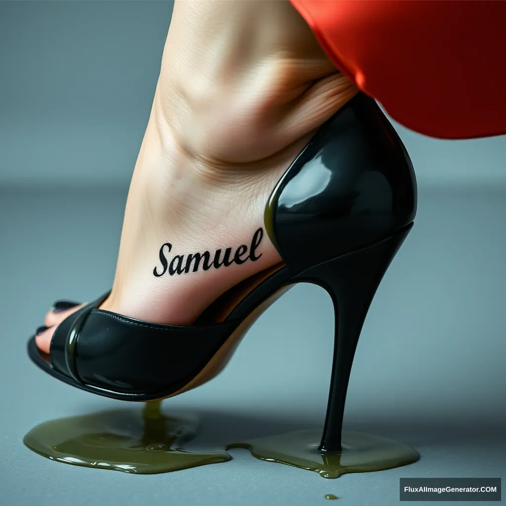 The name "Samuel Greg" on a woman's foot in a black high heel. There is oil all over the foot. - Image