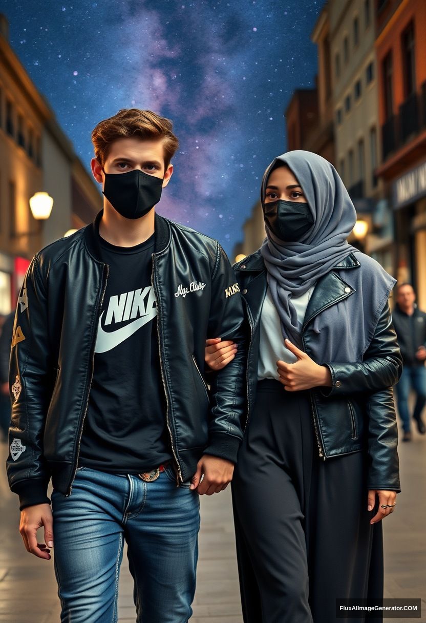 Jamie Dornan, youngest, black face mask, collage jacket, Nike t-shirt, jeans, tall man, fit body, 

Dating, love with the biggest grey hijab Muslim girl, beautiful eyes, black face mask, leather jacket, largest longest skirt, slim not tall girl, holding his arm 

Walking in town, night scenery, Milky Way, hyper-realistic, photorealistic, street photography.