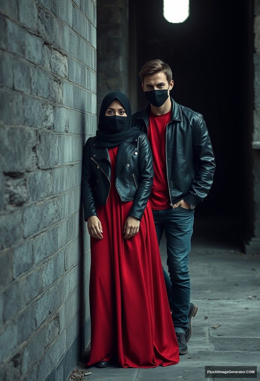 A biggest black hijab girl, beautiful eyes, face mask black, black leather jacket, biggest red longest dress, not tall,

Jamie Dornan, handsome, face mask black, fit and tough body, Nike red t-shirt, black leather jacket, jeans, tall man,

standing lean against the wall together,
Hyper realistic, photorealistic, studio photography, Victoria's abandoned castle, gloomy, darkness.