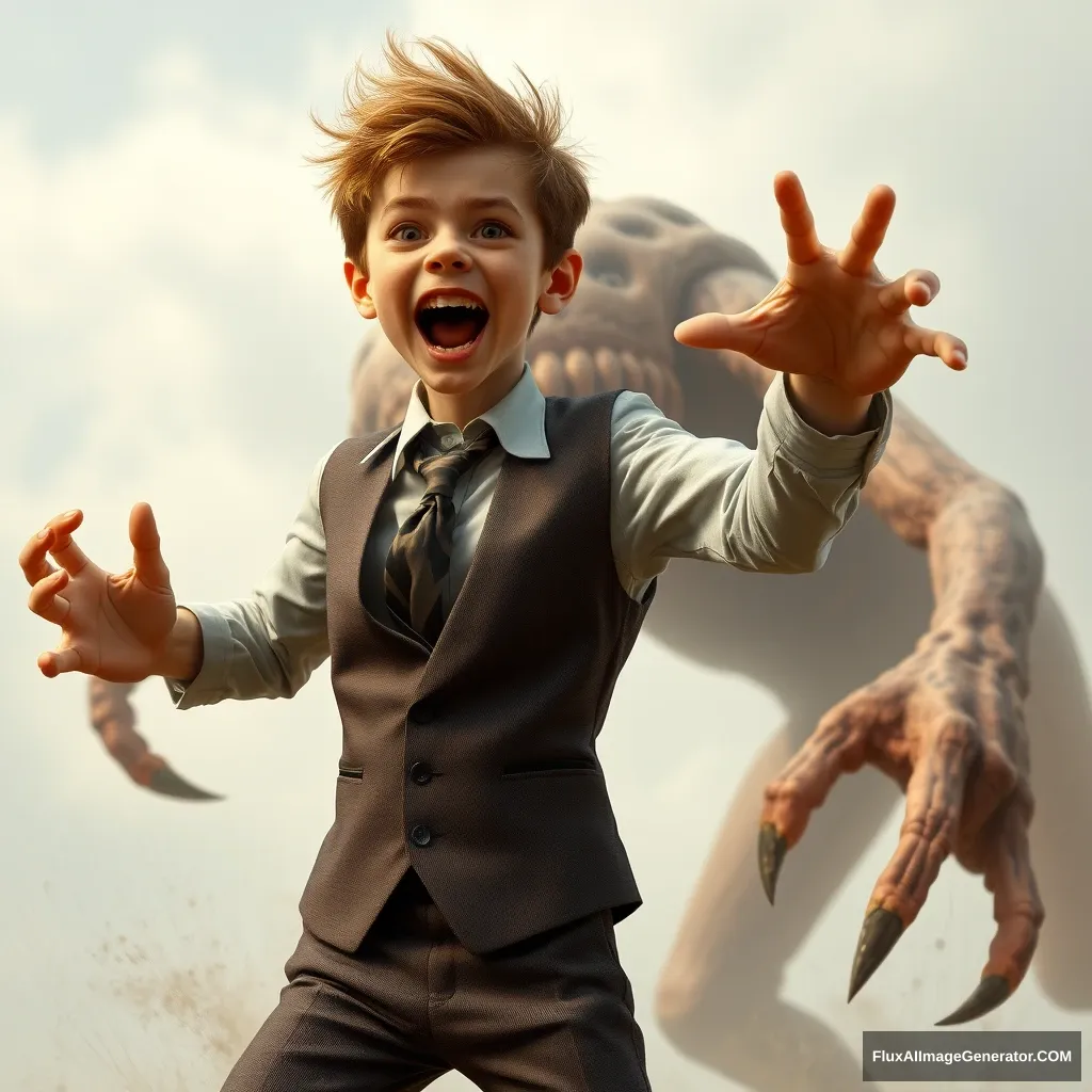 Cute skinny teen guy in a suit and tie with waistcoat attacked by a giant creature. Photo.