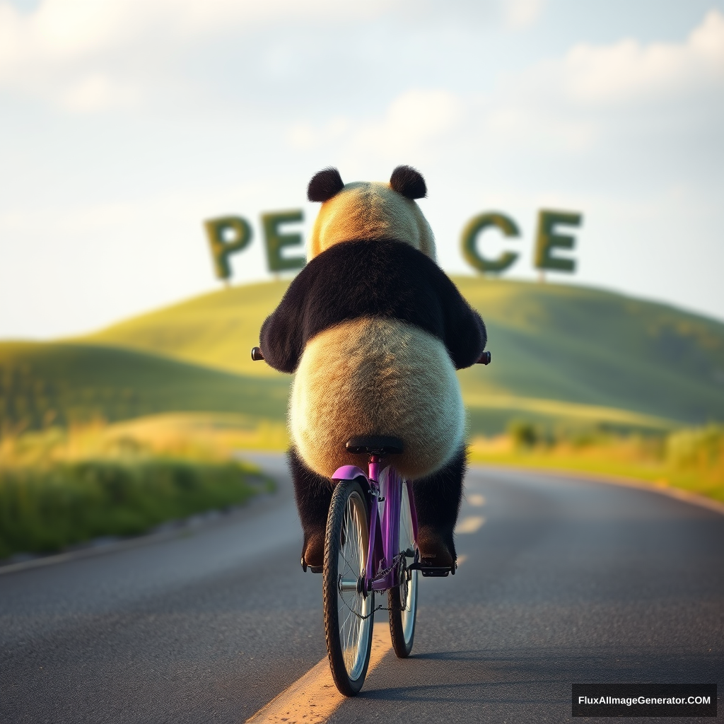 panda riding a purple bicycle on a road surrounded by green hills, back shot, cinematic. Trees in a distance spell the word "PEACE" - Image