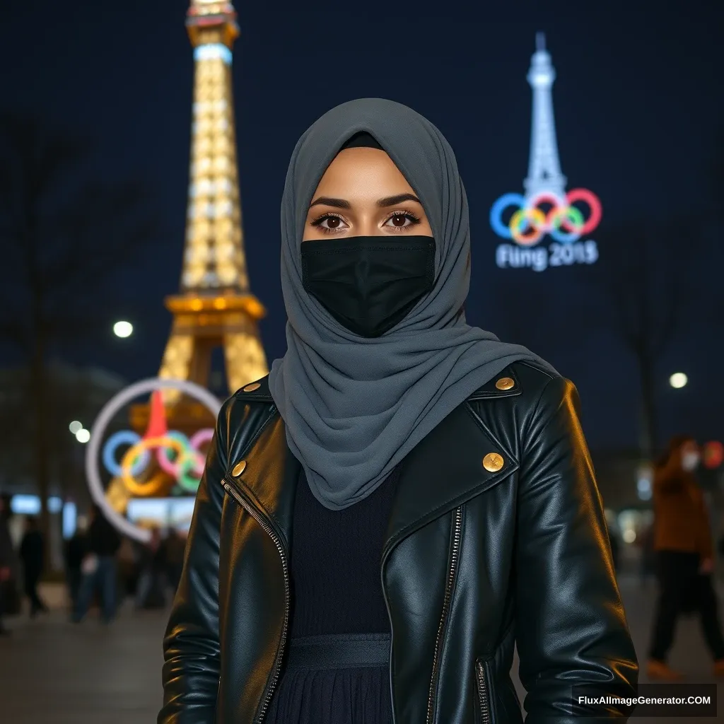 A biggest grey hijab Muslim girl, beautiful eyes, face mask black, black leather jacket, biggest longest skirt, standing near Eiffel Tower themed Olympic logos, night scenery, hyper realistic, street photography. - Image