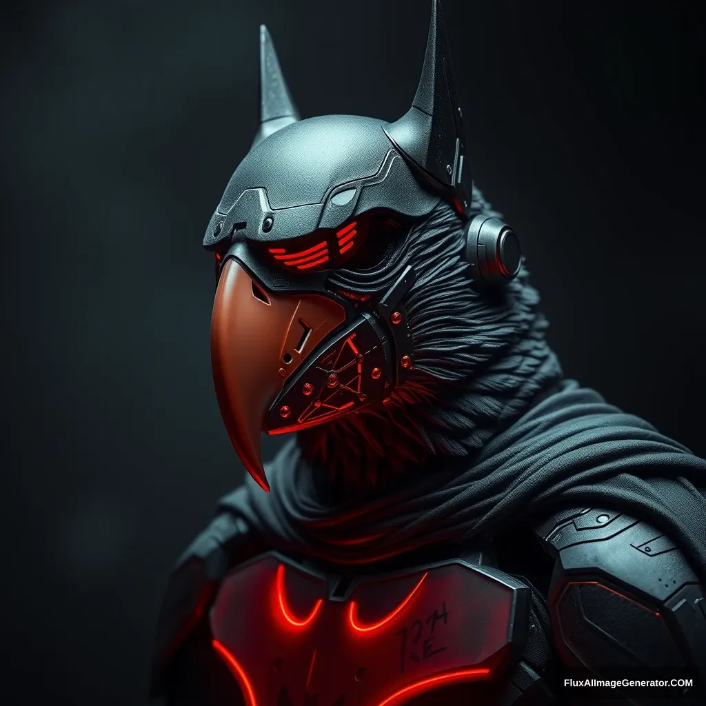 A dark and moody picture of cyborg parrot batman. - Image