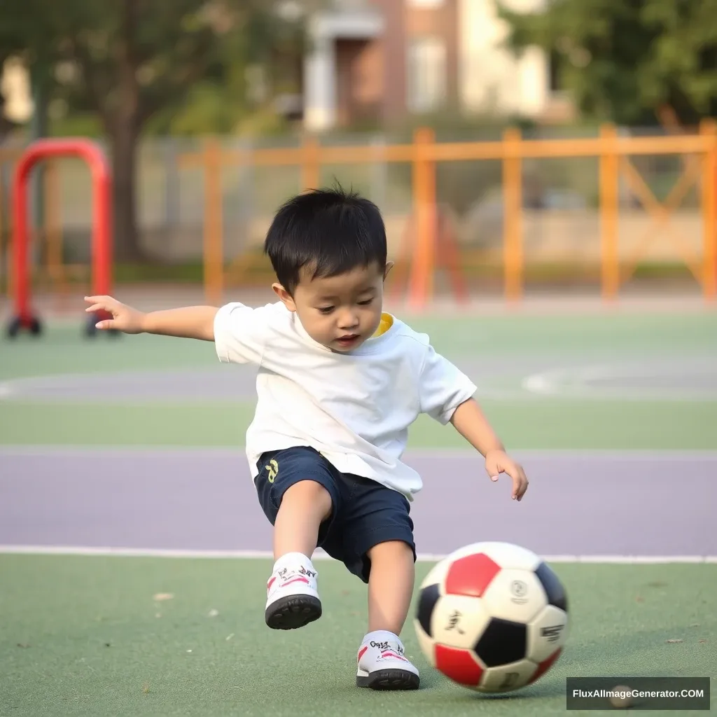 A 3-year-old Chinese boy is playing soccer in the playground.