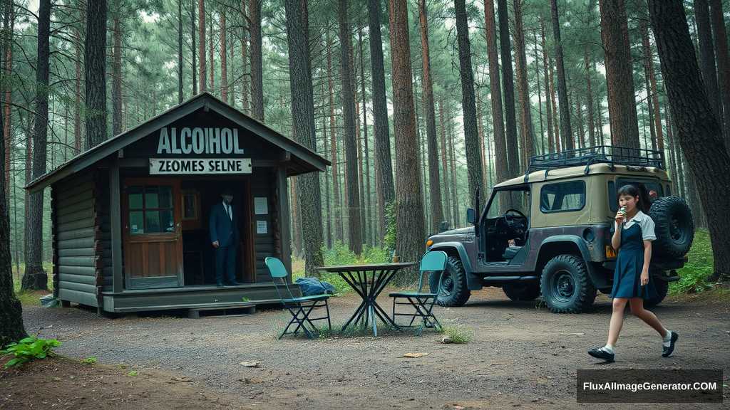 Real-life photography, wide shot: In the forest, there are two wooden cabins selling alcohol, and a dressed zombie comes to buy some. Next to the cabin, there is one table and two chairs, with a zombie wearing a hat sitting and drinking. There is also an abandoned off-road vehicle nearby, covered in moss and weeds. A Japanese female student wearing a school uniform skirt walks by. - Image