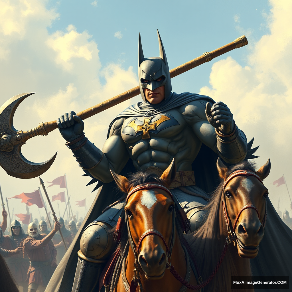 Giant Batman with huge muscles, joining the crusades, with a cross on his chest, holding a huge battle axe while riding a horse into battle. - Image