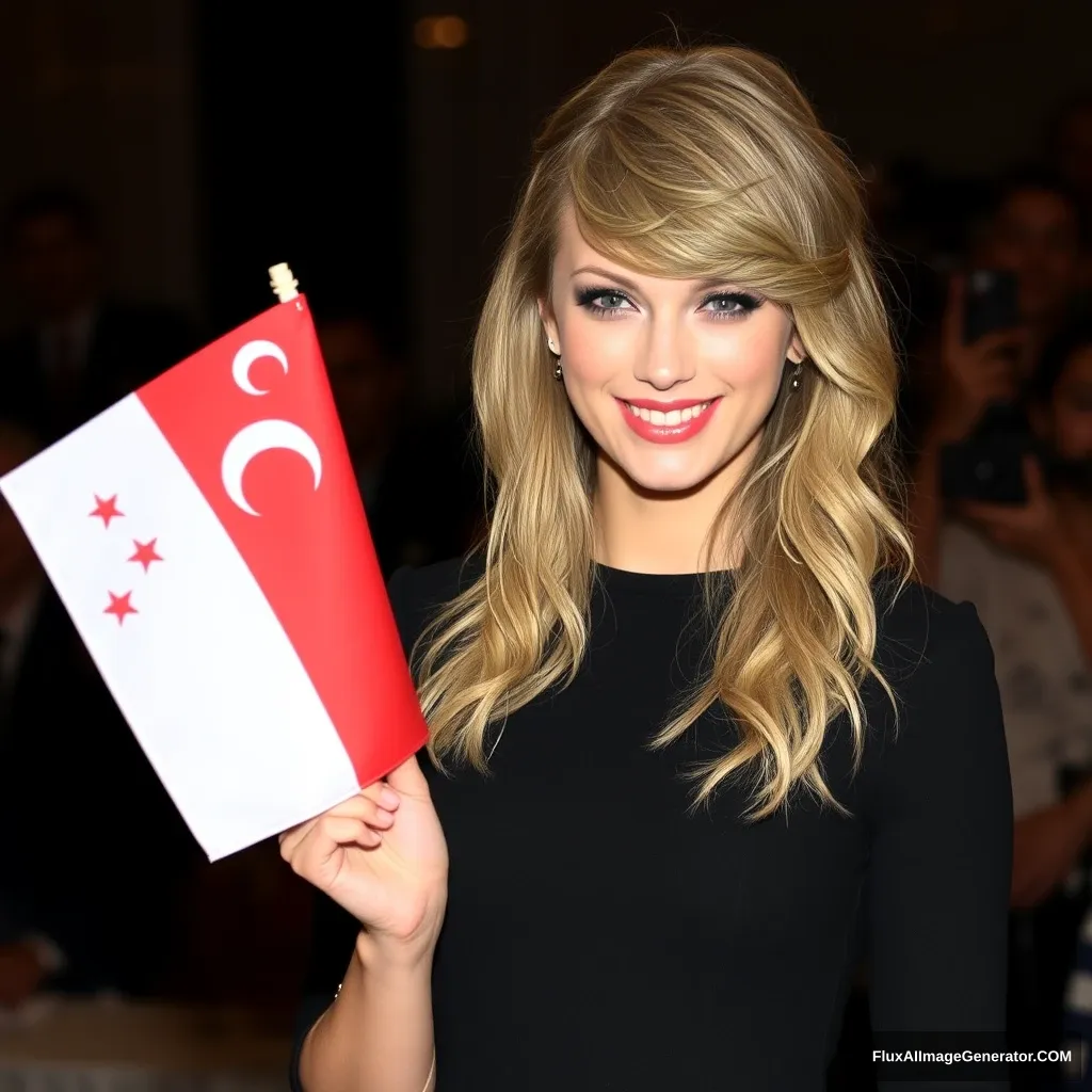 Taylor Swift holding and waving a Singapore flag (5 stars and a crescent). She has a Singapore flag (5 stars and a crescent) tattooed on her face. - Image