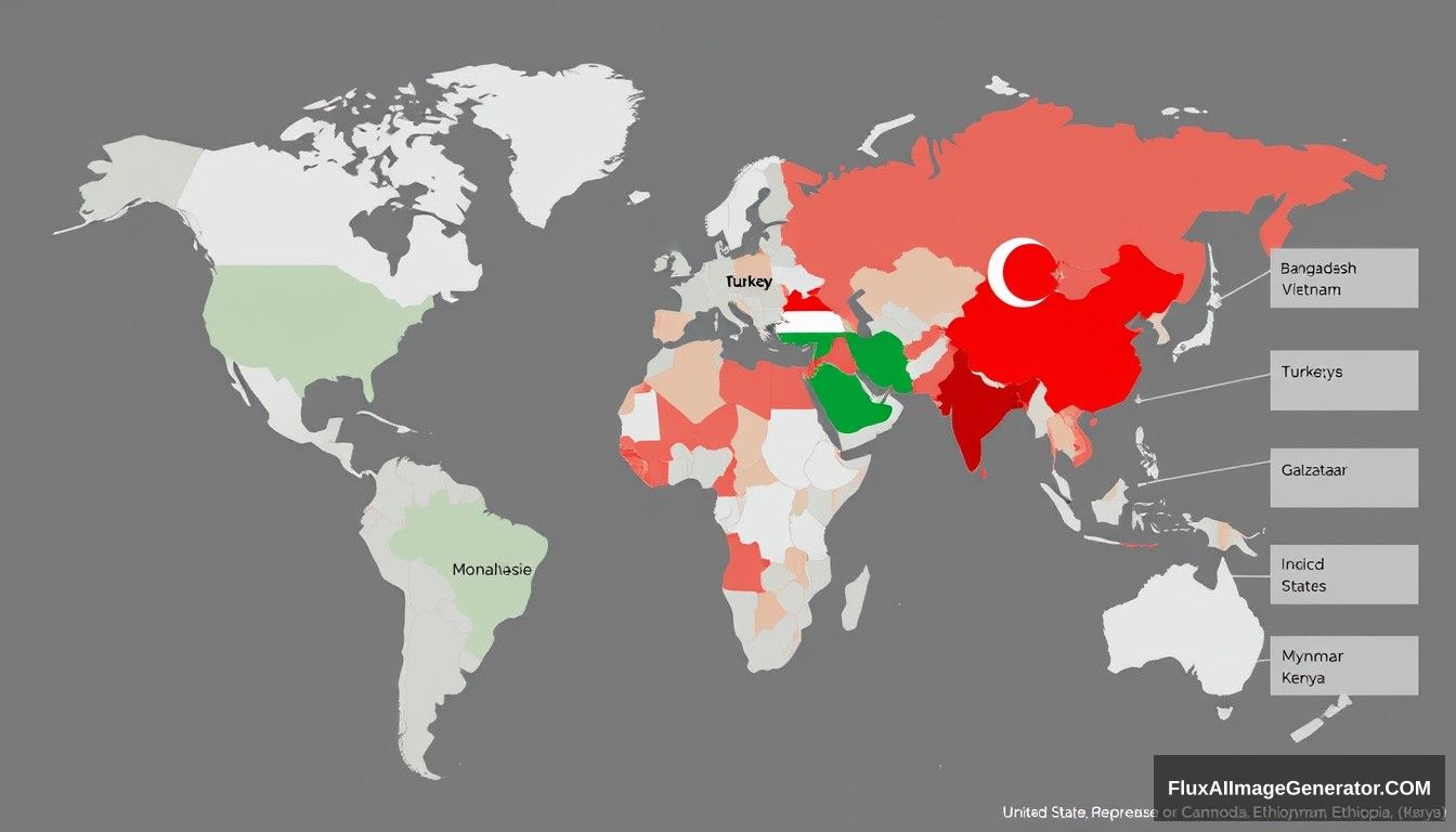 World map highlighting major polo shirt manufacturing countries: China, Bangladesh, Vietnam, India, Pakistan, Turkey, Honduras, El Salvador, Guatemala, Mexico, Sri Lanka, United States (mentioned in context of nearshoring), Cambodia, Myanmar, Ethiopia, Kenya. - Image