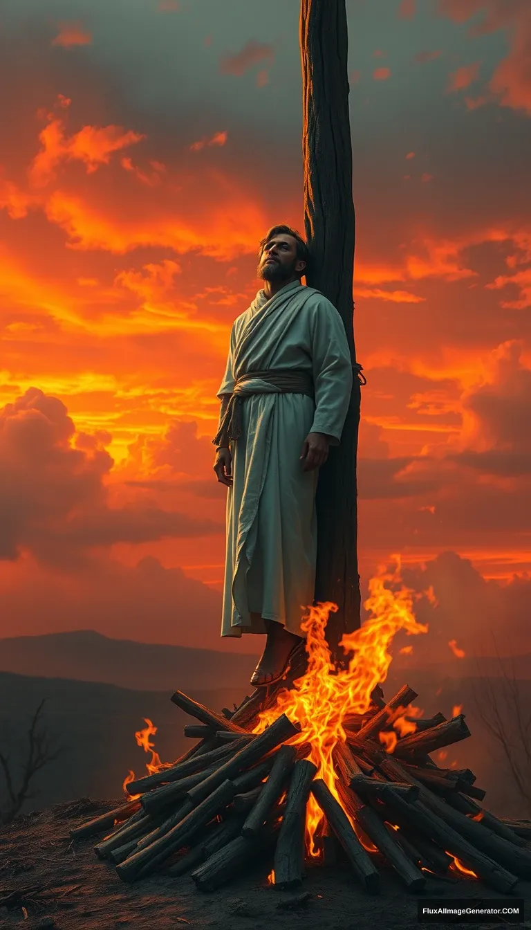 A lone figure, dressed in a white robe, is tied to a towering wooden pole on a barren hilltop. The sky is ablaze with the orange and red sunset, a large fire burns the pile of wood beneath his feet, the flames reaching his face, and his clothes are burning. The figure's face is turned to the sky, his expression calm and accepting. Dramatic lighting, cinematic, highly detailed, digital painting.