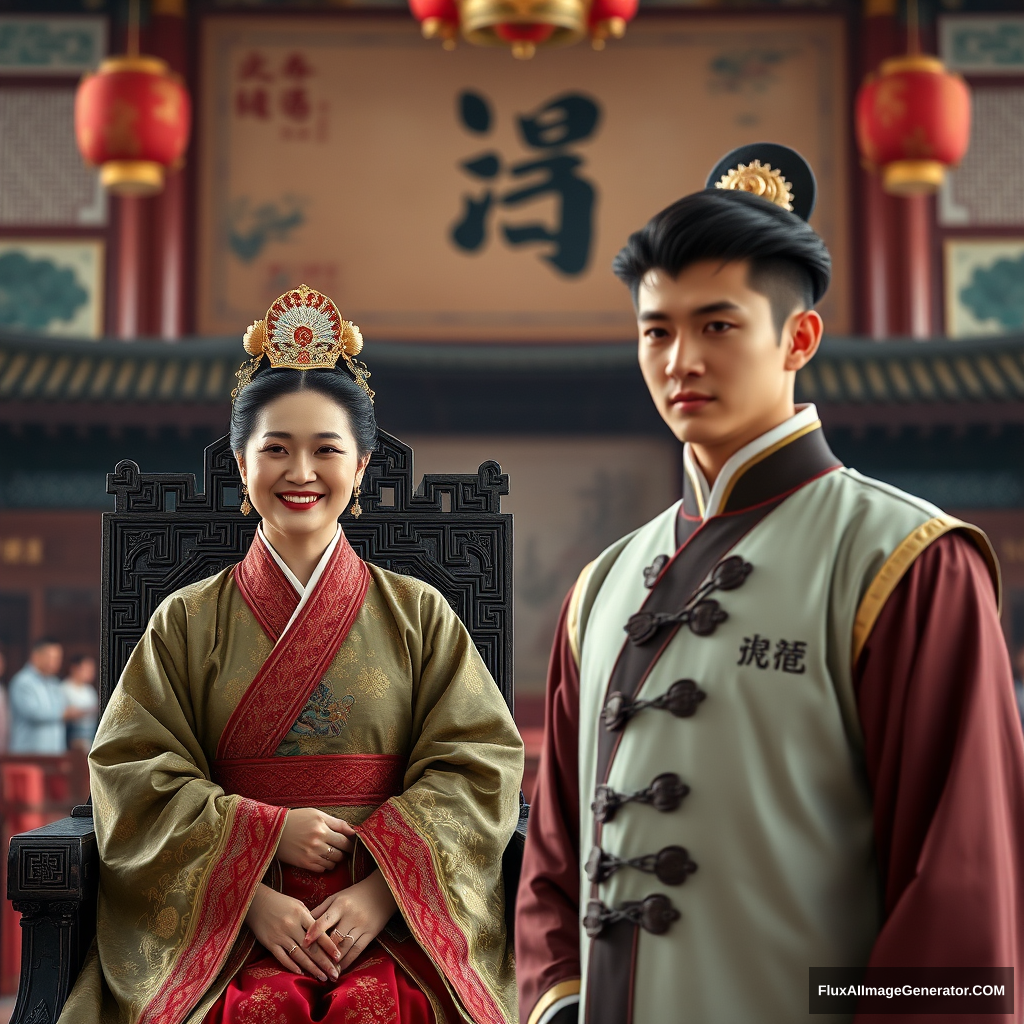 A middle-aged woman, a young man, the woman sits on the throne, the man stands in front of the throne, the woman smiles, the man looks haughty, during the day, in the grand hall of the palace, Chinese ancient style, Chinese ancient style.