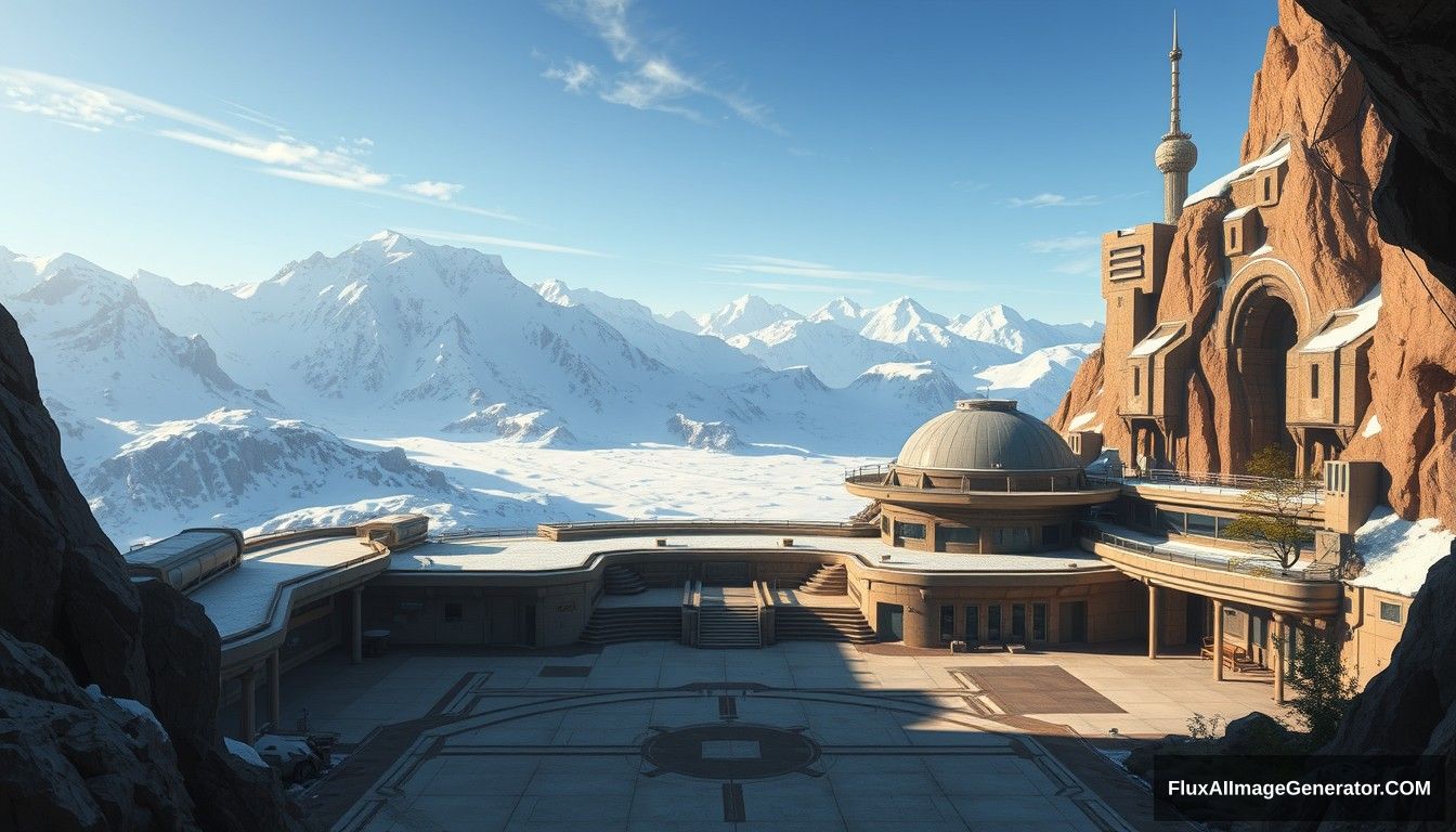 Cel shaded art, wide shot, a sci-fi center on the top of a snow mountain, open air, close look, cyberpunk, military base, Star Wars style, indoor, patio, morning, sunlight, fortress, mountain, rock, snow, tarmac, parking apron, cave, tree, landing field, cliff, round shape, tower. - Image