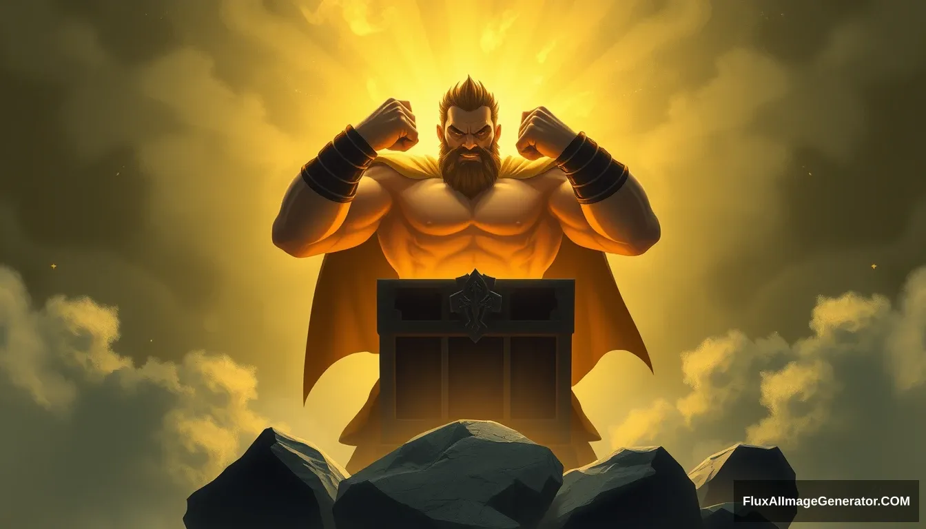 Cel shaded art, a strong man opens a chest, glowing. - Image