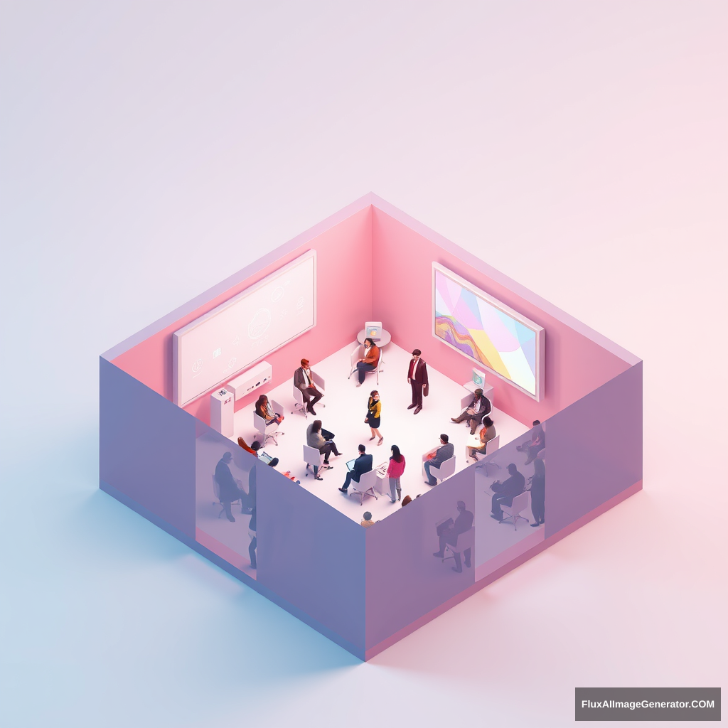 Cube cutout of an isometric conference big room with low poly men and women, 3D art, pastel colors, soft lighting, high detail, ArtStation, concept art, Behance, ray tracing. - Image