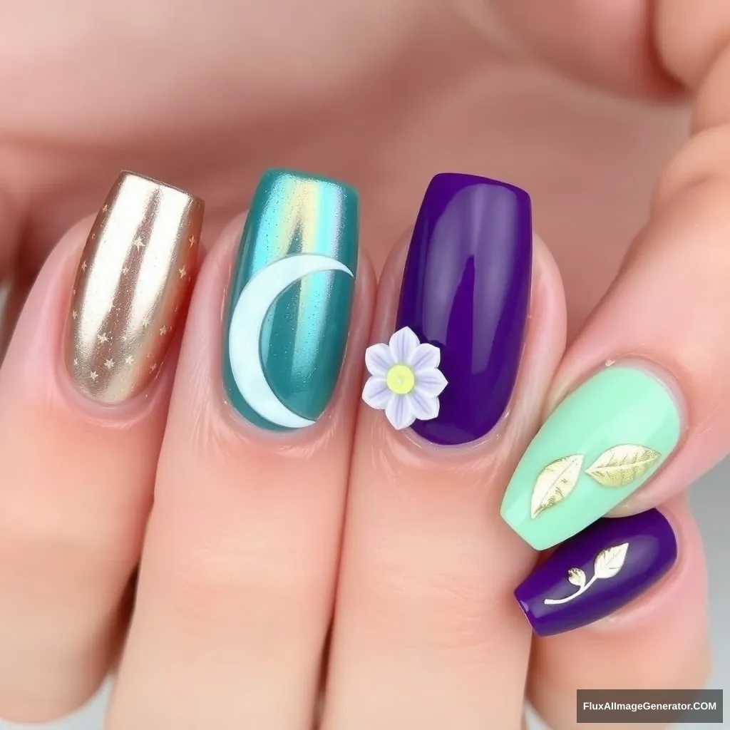 Metallic rose gold nail with tiny star sequins  
Index finger: holographic teal nail with a white crescent moon design  
Middle finger: matte pastel yellow nail with silver glitter gradient  
Ring finger: deep purple nail with 3D flower embellishment  
Pinky finger: mint green nail with delicate gold leaf accents  