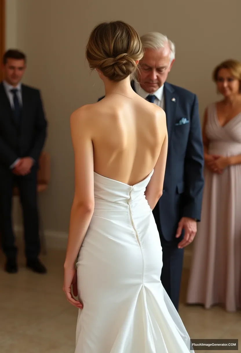 A short young woman, sensitive, delicate, backless strapless side-less low-waisted contouring wedding dress with a loose front and an undone rear. Mingling submissively with fathers. Expectations. Perfect posture. Pale skin. - Image