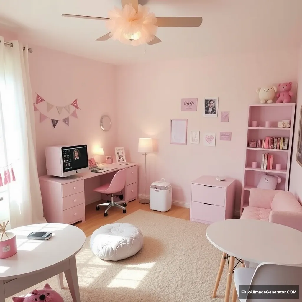 Make a girl's room warm and cozy with light pink furniture and decorations, a computer, mobile phone, pillows, tables, and chairs. - Image