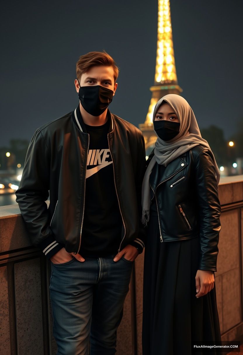 Jamie Dornan, youngest, black face mask, collage jacket, Nike t-shirt, jeans, tall man, fit body,

Dating, love with the biggest grey hijab Muslim girl, beautiful eyes, black face mask, leather jacket, biggest longest skirt, cute petite girl,

standing by a wall, an Eiffel Tower, night scenery, hyper-realistic, photorealistic, street photography.