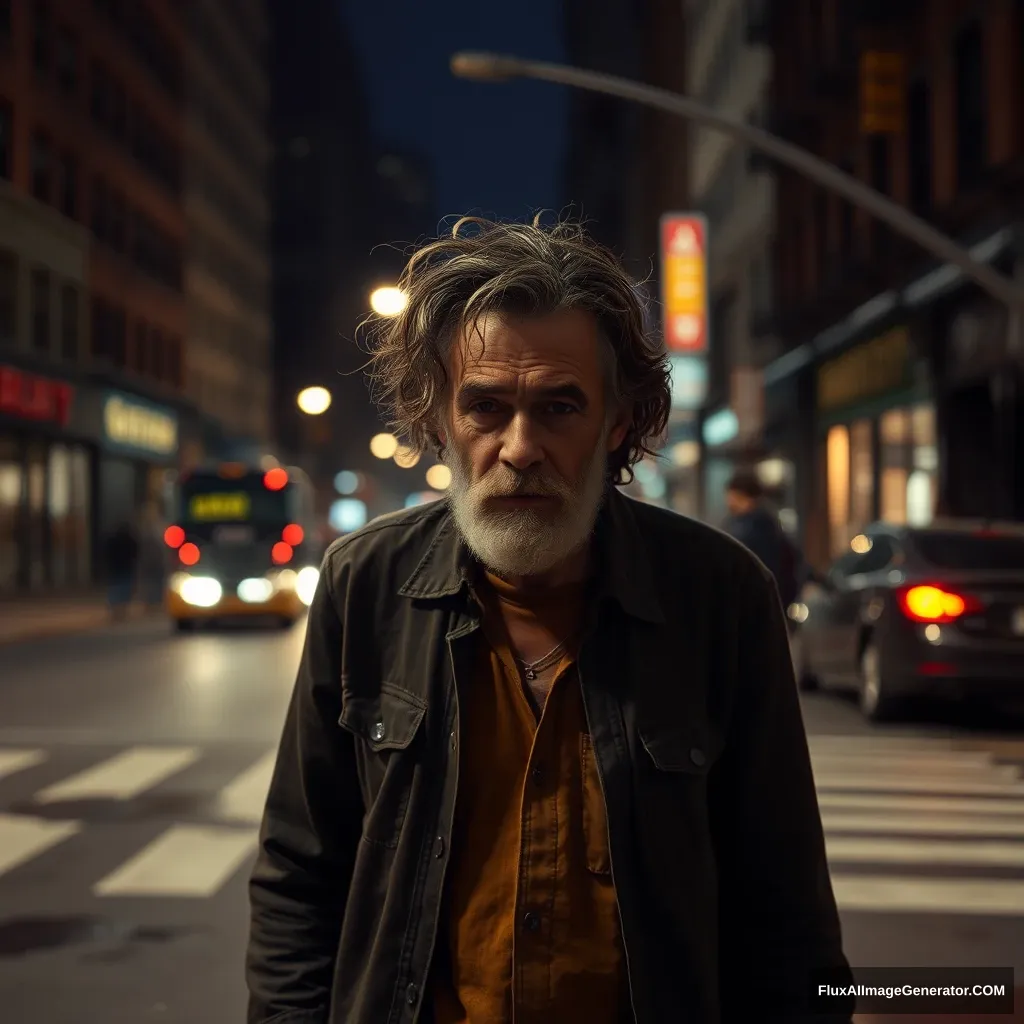 A New York resident walking down a street at night, grungy. - Image