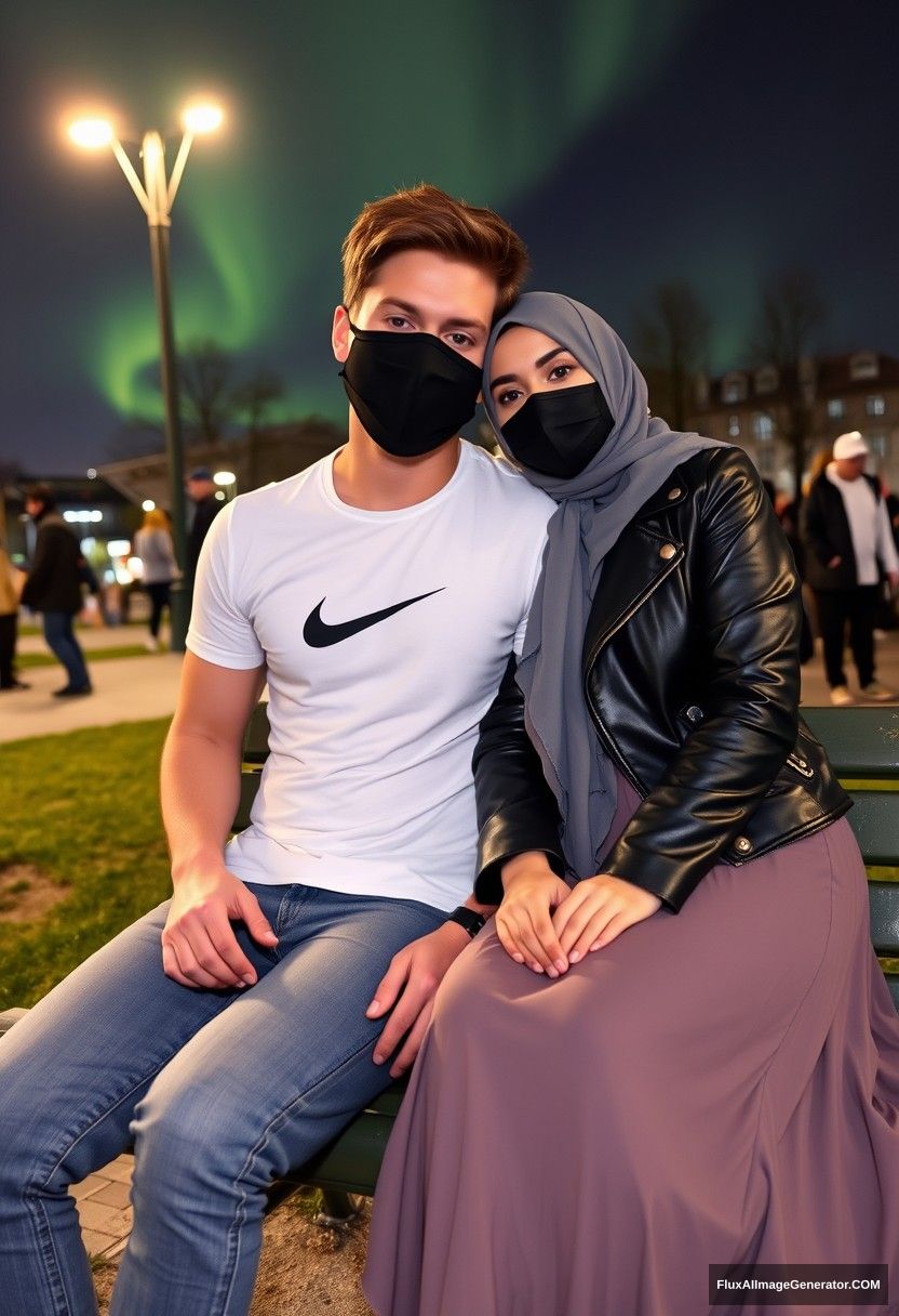 Jamie Dornan, tall, young, wearing a black face mask, a white Nike T-shirt, and jeans, is dating a beautiful Muslim girl in a grey hijab with lovely eyes, also wearing a black face mask and a leather jacket, with the longest and biggest skirt. She is not tall. They are sitting together on a park bench, with her laying on his shoulder, in a town where there are strangers in the background. The scene is photorealistic, resembling selfie photos, set against a night backdrop with the aurora borealis.