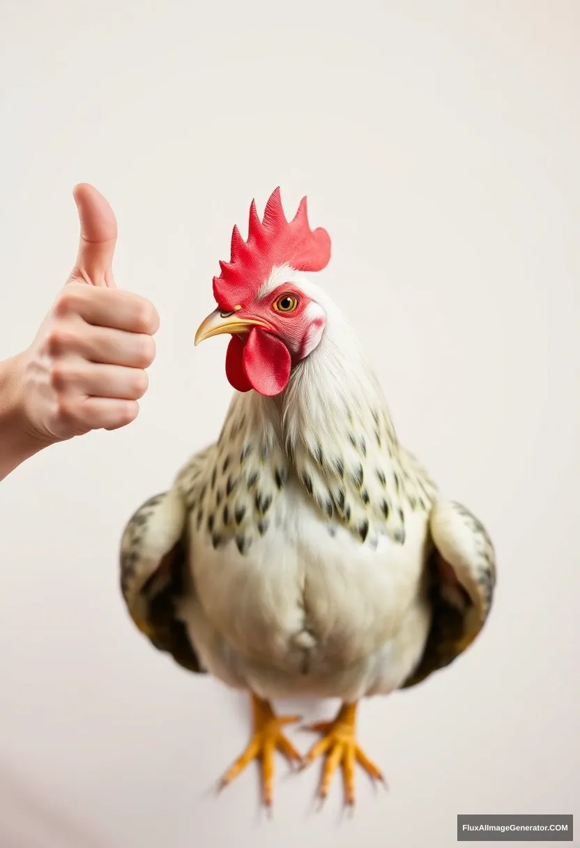 "portrait, hand, thumb up, full body, chicken head with human body"