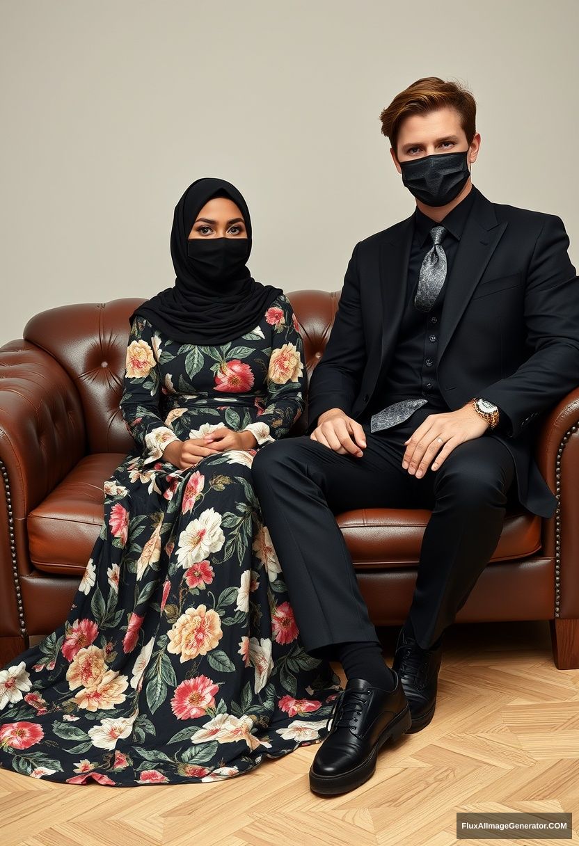 A big black hijab girl, slim girl, beautiful eyes, black face mask, wearing the longest floral dress, sitting on a leather single-wing sofa,

Jamie Dornan, youngest, in a black suit coat, grey patterned tie, black leather sneakers, tall man, black face mask, fit tough body, sitting near her,

hyper-realistic, studio photography.